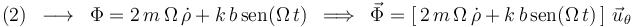 
\mathrm{(2)}\,\,\,\longrightarrow\,\,\,\Phi=2\,m\,\Omega\,\dot{\rho}+k\,b\,\mathrm{sen}(\Omega\, t) \,\,\,\Longrightarrow\,\,\,\vec{\Phi}=\left[\,2\,m\,\Omega\,\dot{\rho}+k\,b\,\mathrm{sen}(\Omega\, t)\,\right] \,\vec{u}_{\theta}
