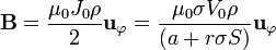 \mathbf{B}=\frac{\mu_0J_0\rho}{2}\mathbf{u}_\varphi=\frac{\mu_0\sigma V_0\rho}{(a+r\sigma S)}\mathbf{u}_\varphi