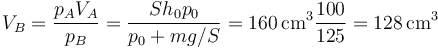 V_B = \frac{p_AV_A}{p_B}=\frac{Sh_0p_0}{p_0+mg/S}=160\,\mathrm{cm}^3\frac{100}{125}=128\,\mathrm{cm}^3