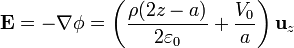 \mathbf{E} = -\nabla\phi = \left(\frac{\rho (2z-a)}{2\varepsilon_0}
+\frac{V_0}{a}\right)\mathbf{u}_{z}
