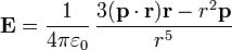 \mathbf{E}=\frac{1}{4\pi\varepsilon_0}\,\frac{3(\mathbf{p}\cdot\mathbf{r})\mathbf{r}-r^2\mathbf{p}}{r^5}