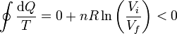 \oint \frac{\mathrm{d}Q}{T}=0+nR\ln\left(\frac{V_i}{V_f}\right) < 0