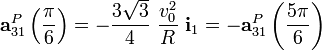 \mathbf{a}_{31}^P\left(\frac{\pi}{6}\right)=-\frac{3 \sqrt{3}}{4}\ \frac{v_0^2}{R}\ \mathbf{i}_1=-\mathbf{a}_{31}^P\left(\frac{5\pi}{6}\right)
