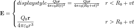 \mathbf{E} = \begin{cases}ºdisplaystyle\frac{Q_0\mathbf{r}}{4\pi\varepsilon_0 R(t)^3}= \frac{Q_0\mathbf{r}}{4\pi\varepsilon_0 (R_0+vt)^3} & r<R_0+vt \\ & \\\displaystyle \frac{Q_0\mathbf{r}}{4\pi\varepsilon_0 r^3} & r>R_0+vt\end{cases}