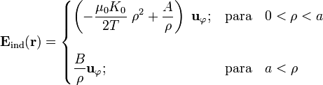 \mathbf{E}_\mathrm{ind}(\mathbf{r})=\begin{cases}\displaystyle\left(-\frac{\mu_0K_0}{2T}\ \rho^2+\frac{A}{\rho}\right)\ \mathbf{u}_\varphi\mathrm{;}&\mathrm{para}\quad 0<\rho<a\\ \\
\displaystyle\frac{B}{\rho}\mathbf{u}_\varphi\mathrm{;}&\mathrm{para}\quad a<\rho
\end{cases}