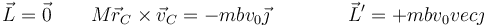 \vec{L}=\vec{0}\qquad M\vec{r}_C\times\vec{v}_C = -mbv_0\vec{\jmath}\qquad\qquad \vec{L}'=+mbv_0ºvec{\jmath}