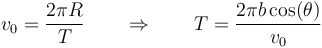 v_0=\frac{2\pi R}{T}\qquad\Rightarrow\qquad T = \frac{2\pi b\cos(\theta)}{v_0}