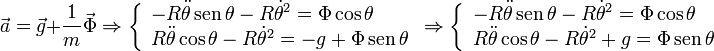 
\vec{a} = \vec{g}+\frac{1}{m}\vec{\Phi}
\Rightarrow
\left\{
\begin{array}{l}
-R\ddot{\theta}\,\mathrm{sen}\,\theta-R\dot{\theta}^2 = \Phi\cos\theta \\
R\ddot{\theta}\cos\theta-R\dot{\theta}^2 = -g + \Phi\,\mathrm{sen}\,\theta
\end{array}
\right.
\Rightarrow
\left\{
\begin{array}{l}
-R\ddot{\theta}\,\mathrm{sen}\,\theta-R\dot{\theta}^2 = \Phi\cos\theta \\
R\ddot{\theta}\cos\theta-R\dot{\theta}^2 +g = \Phi\,\mathrm{sen}\,\theta
\end{array}
\right.
