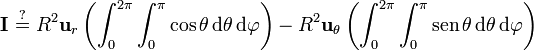 \mathbf{I}\ \stackrel{?}{=}\  R^2\mathbf{u}_r\left(\int_0^{2\pi}\int_0^\pi \cos\theta\,\mathrm{d}\theta\,\mathrm{d}\varphi\right)-R^2\mathbf{u}_\theta\left(
\int_0^{2\pi}\int_0^\pi \mathrm{sen}\,\theta\,\mathrm{d}\theta\,\mathrm{d}\varphi\right)