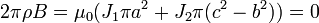 2\pi\rho B = \mu_0 (J_1\pi a^2+J_2\pi(c^2-b^2))=0\,