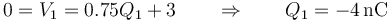 0 = V_1 = 0.75Q_1+3\qquad\Rightarrow\qquad Q_1 = -4\,\mathrm{nC}