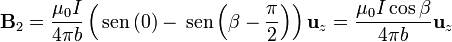 \mathbf{B}_2=\frac{\mu_0I}{4\pi b}\left(\,\mathrm{sen}\left(0\right)-\,\mathrm{sen}\left(\beta-\frac{\pi}{2}\right)\right)\mathbf{u}_z=\frac{\mu_0I\cos\beta}{4\pi b}\mathbf{u}_z