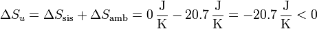 \Delta S_u = \Delta S_\mathrm{sis}+\Delta S_\mathrm{amb}=0\,\frac{\mathrm{J}}{\mathrm{K}}-20.7\,\frac{\mathrm{J}}{\mathrm{K}}=-20.7\,\frac{\mathrm{J}}{\mathrm{K}}<0