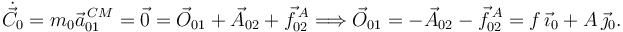 
\dot{\vec{C}_0} = m_0\vec{a}^{\,CM}_{01} = \vec{0} = \vec{O}_{01} + \vec{A}_{02} + \vec{f}^{\,A}_{02} 
\Longrightarrow
\vec{O}_{01} = - \vec{A}_{02} - \vec{f}^{\,A}_{02} = f\,\vec{\imath}_0 + A\,\vec{\jmath}_0.
