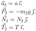 
\begin{array}{l}
\vec{a}_2 = a\,\vec{\imath},\\
\vec{P}_2 = -m_2g\,\vec{\jmath},\\
\vec{N}_2 = N_2\,\vec{\jmath},\\
\vec{T}_2 = T\,\vec{\imath},\\
\end{array}
