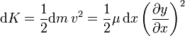 \mathrm{d}K=\frac{1}{2}\mathrm{d}m\,v^2 = \frac{1}{2}\mu\,\mathrm{d}x\left(\frac{\partial y}{\partial x}\right)^2