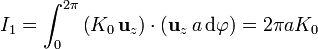 I_1 = \int_0^{2\pi}\left(K_0\,\mathbf{u}_z\right)\cdot\left(\mathbf{u}_z\,a\,\mathrm{d}\varphi\right) = 2\pi a K_0