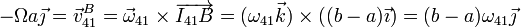 -\Omega a\vec{\jmath}= \vec{v}^B_{41}=\vec{\omega}_{41}\times\overrightarrow{I_{41}B}=(\omega_{41}\vec{k})\times((b-a)\vec{\imath})=(b-a)\omega_{41}\vec{\jmath}