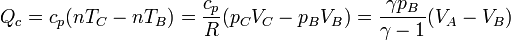 Q_c = c_p(nT_C-nT_B)=\frac{c_p}{R}(p_CV_C-p_BV_B)=\frac{\gamma p_B}{\gamma-1}(V_A-V_B)