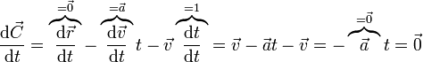 \frac{\mathrm{d}\vec{C}}{\mathrm{d}t}=\overbrace{\frac{\mathrm{d}\vec{r}}{\mathrm{d}t}}^{=\vec{0}}-\overbrace{\frac{\mathrm{d}\vec{v}}{\mathrm{d}t}}^{=\vec{a}}t-\vec{v}\overbrace{\frac{\mathrm{d}t}{\mathrm{d}t}}^{=1} = \vec{v}-\vec{a}t-\vec{v}=-\overbrace{\vec{a}}^{=\vec{0}}t=\vec{0}