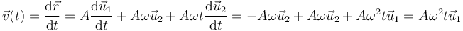 \vec{v}(t)=\frac{\mathrm{d}\vec{r}}{\mathrm{d}t}=A\frac{\mathrm{d}\vec{u}_1}{\mathrm{d}t}+A\omega\vec{u}_2+A\omega t\frac{\mathrm{d}\vec{u}_2}{\mathrm{d}t}=-A\omega\vec{u}_2+A\omega\vec{u}_2+A\omega^2t\vec{u}_1 = A\omega^2 t\vec{u}_1