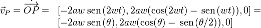 
\begin{array}{ll}
  \vec{v}_P = \dot{\overrightarrow{OP}} =&
  [-2aw\,\mathrm{sen}\,(2wt),2aw(\cos(2wt)-\,\mathrm{sen}\,(wt)),0] =\\
  & [-2aw\,\mathrm{sen}\,(\theta),2aw(\cos(\theta)-\,\mathrm{sen}\,(\theta/2)),0]
\end{array}
