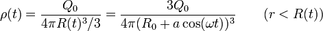 \rho(t) = \frac{Q_0}{4\pi R(t)^3/3} = \frac{3Q_0}{4\pi (R_0 + a\cos(\omega t))^3}
\qquad (r< R(t))