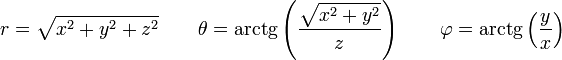 r = \sqrt{x^2+y^2+z^2}\qquad \theta = \mathrm{arctg}\left(\frac{\sqrt{x^2+y^2}}{z}\right)\qquad \varphi = \mathrm{arctg}\left(\frac{y}{x}\right)