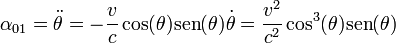 \alpha_{01}=\ddot{\theta}=-\frac{v}{c}\cos(\theta)\mathrm{sen}(\theta)\dot{\theta}=\frac{v^2}{c^2}\cos^3(\theta)\mathrm{sen}(\theta)