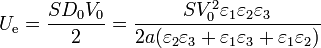 U_\mathrm{e}=\frac{SD_0V_0}{2}=\frac{SV_0^2\varepsilon_1\varepsilon_2\varepsilon_3}{2a(\varepsilon_2\varepsilon_3+\varepsilon_1\varepsilon_3+\varepsilon_1\varepsilon_2)}