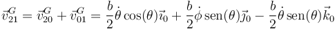\vec{v}^G_{21}=\vec{v}^G_{20}+\vec{v}^G_{01}=\frac{b}{2}\dot{\theta}\cos(\theta)\vec{\imath}_0+\frac{b}{2}\dot{\phi}\,\mathrm{sen}(\theta)\vec{\jmath}_0-\frac{b}{2}\dot{\theta}\,\mathrm{sen}(\theta)\vec{k}_0