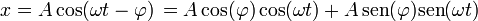 x = A\cos(\omega t-\varphi)\, = A\cos(\varphi)\cos(\omega t) + A\,\mathrm{sen}(\varphi)\mathrm{sen}(\omega t)\,