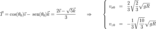 \vec{T}=\cos(\theta_0)\vec{\imath}-\,\mathrm{sen}(\theta_0)\vec{k}=\frac{2\vec{\imath}-\sqrt{5}\vec{k}}{3}\qquad\Rightarrow\qquad \left\{\begin{array}{rcl}v_{x0} & = & \displaystyle \frac{2}{3}\sqrt{\frac{2}{3}}\sqrt{gR}\\ && \\ v_{z0} & = & \displaystyle -\frac{1}{3}\sqrt{\frac{10}{3}}\sqrt{gR}\end{array}\right.