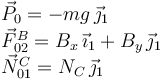 
\begin{array}{l}
\vec{P}_0 = -mg\,\vec{\jmath}_1\\
\vec{F}_{02}^B = B_x\,\vec{\imath}_1 + B_y\,\vec{\jmath}_1\\
\vec{N}^C_{01} = N_C\,\vec{\jmath}_1
\end{array}
