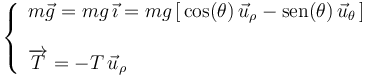 
\left\{\begin{array}{l} m\vec{g}=mg\,\vec{\imath}=mg\,[\,\mathrm{cos}(\theta)\,\vec{u}_{\rho}-\mathrm{sen}(\theta)\,\vec{u}_{\theta}\,] \\ \\ \overrightarrow{T}=-T\,\vec{u}_{\rho} \end{array}\right.
