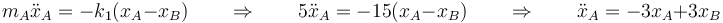 m_A\ddot{x}_A=-k_1(x_A-x_B)\qquad\Rightarrow\qquad 5\ddot{x}_A=-15(x_A-x_B)\qquad\Rightarrow\qquad \ddot{x}_A=-3x_A+3x_B