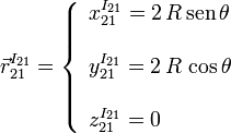 
\vec{r}^{I_{21}}_{21} = 
\left\{
\begin{array}{l}
x^{I_{21}}_{21} = 2\,R\,\mathrm{sen}\,\theta \\ \\
y^{I_{21}}_{21} = 2\,R\,\cos\theta 
\\ \\
z^{I_{21}}_{21} = 0
\end{array}
\right.
