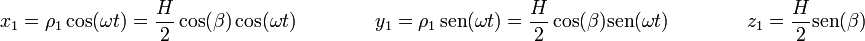 x_1 = \rho_1 \cos(\omega t) = \frac{H}{2}\cos(\beta)\cos(\omega t)\qquad\qquad y_1 = \rho_1\,\mathrm{sen}(\omega t) = \frac{H}{2}\cos(\beta)\mathrm{sen}(\omega t)\qquad\qquad z_1 = \frac{H}{2}\mathrm{sen}(\beta)