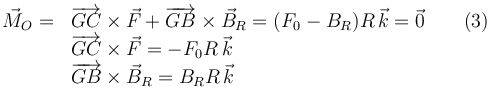 
\begin{array}{ll}
\vec{M}_O = & \overrightarrow{GC}\times\vec{F} + \overrightarrow{GB}\times\vec{B}_R= (F_0-B_R)R\,\vec{k} = \vec{0} \qquad (3)\\
& \overrightarrow{GC}\times\vec{F} = -F_0R\,\vec{k}\\
& \overrightarrow{GB}\times\vec{B}_R = B_RR\,\vec{k}
\end{array}

