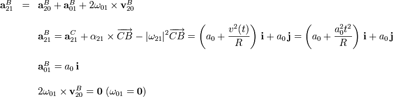 
\begin{array}{lcl}
\mathbf{a}^B_{21}&=&\mathbf{a}^B_{20}+\mathbf{a}^B_{01} +2\mathbf{\omega}_{01}\times\mathbf{v}^B_{20}\\ \\
&&\displaystyle\mathbf{a}^B_{21} = \mathbf{a}^C_{21}+\mathbf{\alpha}_{21}\times\overrightarrow{CB}-|\omega_{21}|^2\overrightarrow{CB}=
\left(a_0+\frac{v^2(t)}{R}\right)\,\mathbf{i}+a_0\,\mathbf{j}=\left(a_0+\frac{a_0^2t^2}{R}\right)\,\mathbf{i}+a_0\,\mathbf{j}\\ && \\
&&\mathbf{a}^B_{01}=a_0\,\mathbf{i}\\ && \\
&&2\mathbf{\omega}_{01}\times\mathbf{v}^B_{20}=\mathbf{0} \,\, (\mathbf{\omega}_{01}=\mathbf{0})
\end{array}
