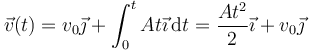 \vec{v}(t) = v_0\vec{\jmath}+\int_0^t A t\vec{\imath}\,\mathrm{d}t=\frac{At^2}{2}\vec{\imath}+v_0\vec{\jmath}\,