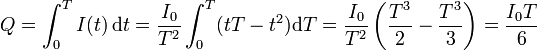 Q = \int_0^T I(t)\,\mathrm{d}t = \frac{I_0}{T^2}\int_0^T (tT-t^2)\mathrm{d}T = \frac{I_0}{T^2}\left(\frac{T^3}{2}-\frac{T^3}{3}\right) = \frac{I_0T}{6}