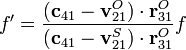 f'=\frac{(\mathbf{c}_{41}-\mathbf{v}^O_{21})\cdot\mathbf{r}^O_{31}}{(\mathbf{c}_{41}-\mathbf{v}^S_{21})\cdot\mathbf{r}^O_{31}}f