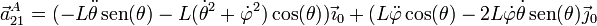 \vec{a}^A_{21}=(-L\ddot{\theta}\,\mathrm{sen}(\theta)-L(\dot{\theta}^2+\dot{\varphi}^2)\cos(\theta))\vec{\imath}_0+(L\ddot{\varphi}\cos(\theta)-2L\dot{\varphi}\dot{\theta}\,\mathrm{sen}(\theta)\vec{\jmath}_0