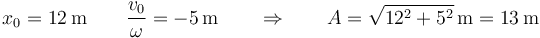 x_0=12\,\mathrm{m}\qquad \frac{v_0}{\omega}=-5\,\mathrm{m}\qquad\Rightarrow\qquad A=\sqrt{12^2+5^2}\,\mathrm{m}=13\,\mathrm{m}