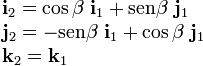 \begin{array}{l}\displaystyle \mathbf{i}_2=\cos\beta\ \mathbf{i}_1+\mathrm{sen} \beta\ \mathbf{j}_1 \\ \displaystyle \mathbf{j}_2=-\mathrm{sen} \beta\ \mathbf{i}_1+\cos\beta\ \mathbf{j}_1\\ \displaystyle \mathbf{k}_2=\mathbf{k}_1 \end{array}