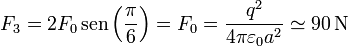 F_3 = 2F_0\,\mathrm{sen}\left(\frac{\pi}{6}\right) = F_0 = \frac{q^2}{4\pi\varepsilon_0 a^2}\simeq 90\,\mathrm{N}