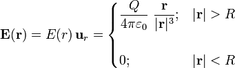 \mathbf{E}(\mathbf{r})=E(r)\!\ \mathbf{u}_r=\begin{cases}\displaystyle\frac{Q}{4\pi\varepsilon_0}\ \frac{\mathbf{r}}{|\mathbf{r}|^3}\mathrm{;}&|\mathbf{r}|>R\\ \\ 0\mathrm{;}&|\mathbf{r}|<R\end{cases}