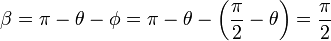 \beta = \pi-\theta-\phi = \pi - \theta - \left(\frac{\pi}{2}-\theta\right) = \frac{\pi}{2}