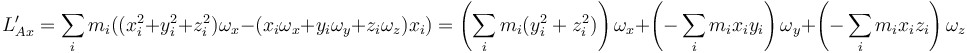 L'_{Ax}=\sum_i m_i((x_i^2+y_i^2+z_i^2)\omega_x-(x_i\omega_x+y_i\omega_y+z_i\omega_z)x_i)=
\left(\sum_i m_i(y_i^2+z_i^2)\right)\omega_x +\left(-\sum_im_ix_iy_i\right)\omega_y+\left(-\sum_im_ix_iz_i\right)\omega_z